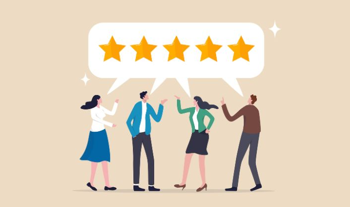 Graphic of 4 professionals celebrating customer loyalty, a key driver of eCommerce growth, indicated by a 5-star rating.